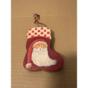 Hand Painted Wooden Santa Christmas Stocking Ornament Hanging Decor Signed